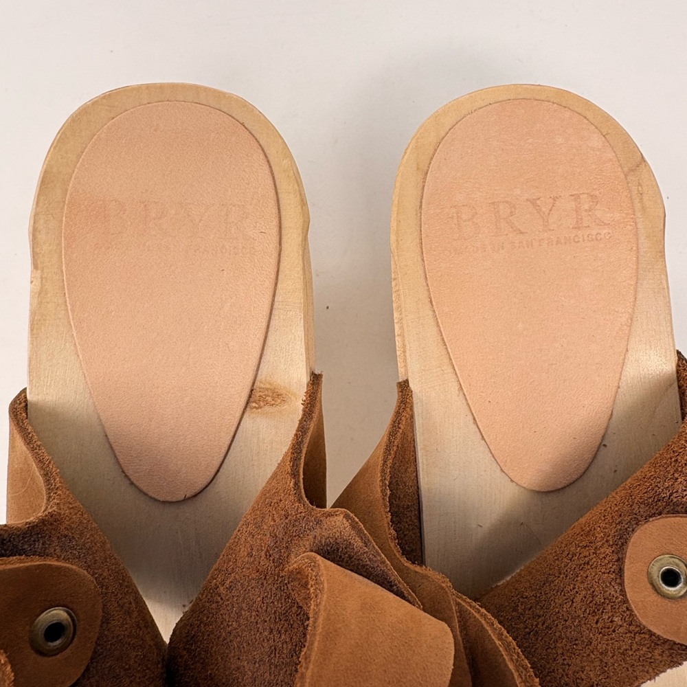 Bryr Miranda Slingback Peep Toe Wooden Clogs Caramel Leather Size 41 - Picture 8 of 10